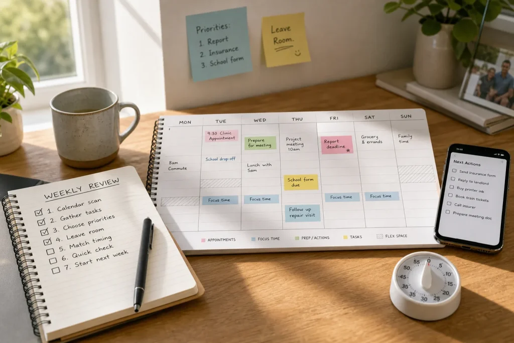 Well-lit wooden desk with weekly planner, checklist notebook, pen, coffee mug, smartphone showing to-do list, and kitchen timer