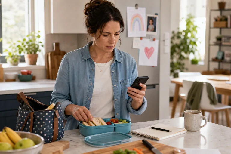 Woman in denim shirt preparing lunch in lunchbox while checking smartphone in bright kitchen